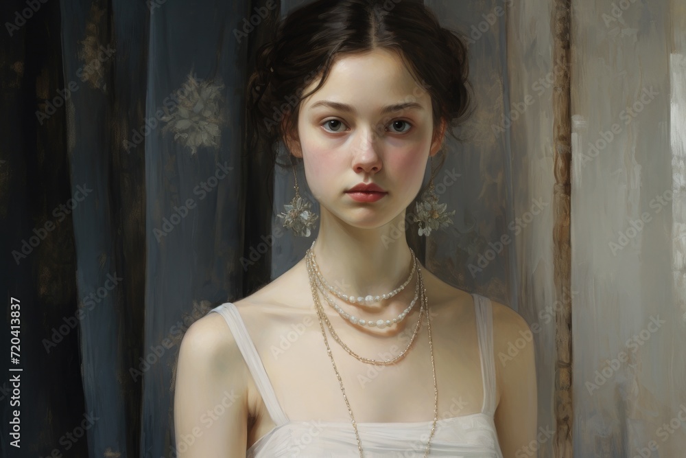 A captivating painting of a woman elegantly dressed in a white gown, the girl with white dress wearing necklaces and earrings, AI Generated A captivating painting of a woman elegantly dressed in a white gown, the girl with white dress wearing necklaces and earrings, AI Generated