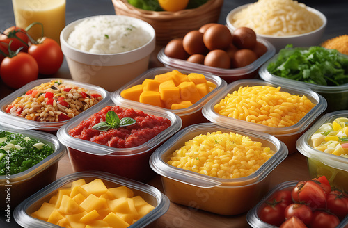 Diversity of food options available for home delivery, with an image displaying a colorful array of cuisines neatly arranged in packaging 
