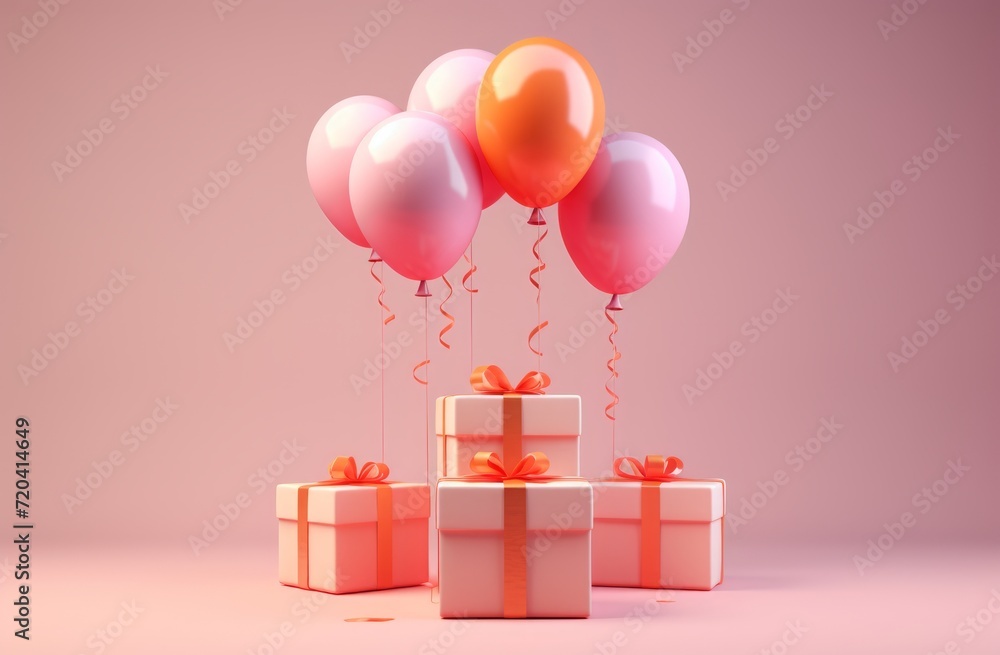 three small boxes with balloons in them on a pink background. women's day sales blank banner background. happy valentine's day three small boxes with balloons in them on a pink background. women's day sales blank banner background. happy valentine's day