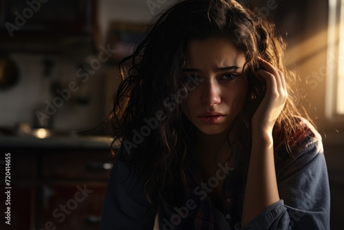 A woman feeling stressed or overwhelmed as she sits in a kitchen with her hand resting on her head, Troubled teen girl, AI Generated