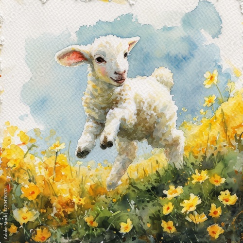 Whimsical Watercolor Lamb Frolicking on Hill Among Buttercups Generative AI