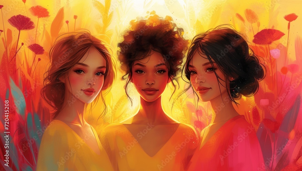 the women are wearing women's style, in the style of watercolor washes, golden light, joyful and optimistic, flat backgrounds, light pink and dark amber, emilia wilk, bold colorism the women are wearing women's style, in the style of watercolor washes, golden light, joyful and optimistic, flat backgrounds, light pink and dark amber, emilia wilk, bold colorism