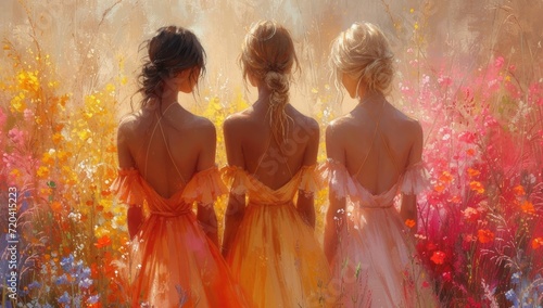 the women are wearing women's style, in the style of watercolor washes, golden light, joyful and optimistic, flat backgrounds, light pink and dark amber, emilia wilk, bold colorism  photo