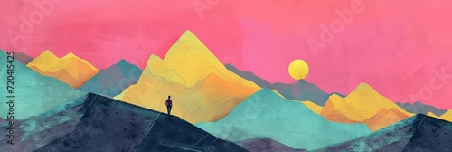 Dry Brush Art of Chinese Mountains - Colored Symphony Surreal Emotional Loose Brushwork - Colorful Watercolor Ink Eastern Minimalism Mountains Background created with Generative AI Technology