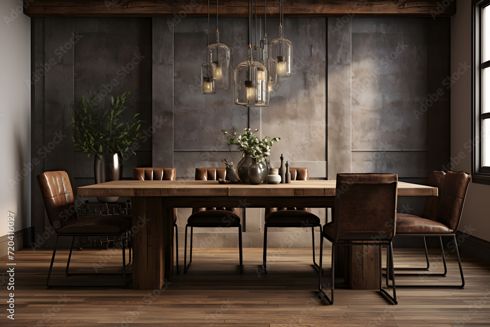 A dining room featuring a mix of distressed leather 