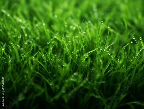 "Lush Green Meadow: Close-Up of Fresh Dew Drops on Vibrant Grass Blades - Essence of Spring Morning"