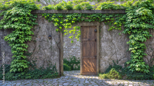 Old Wooden Door Enveloped by Climbing Plants