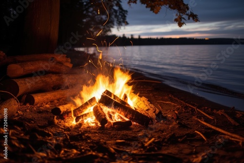 A campfire illuminates the surrounding area as it burns calmly, situated next to a peaceful body of water, View of campfire burning by lake, AI Generated