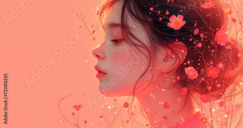 vector graphic for female day 8 on pink background with flowers on it, in the style of wlop, isometric, 3840x2160, asian-inspired, wide angle lens, ferrania p30, matte background photo