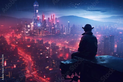 A lone man sits perched on a ledge, gazing out over the twinkling lights of a cityscape below, Visualize a skilled cyberpunk hacker operating within a futuristic landscape, AI Generated