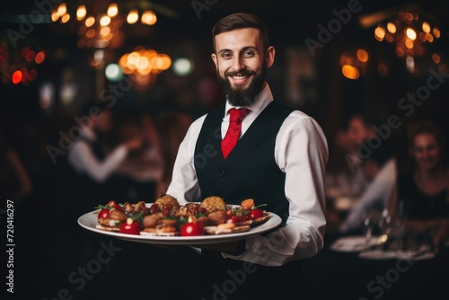 A man sitting at a restaurant table  holding a plate of delicious food in his hands  Waiter carrying plates with meat dish on some festive event  AI Generated