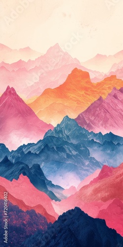 Dry Brush Art of Chinese Mountains - Colored Symphony Surreal Emotional Loose Brushwork - Colorful Watercolor Ink Eastern Minimalism Mountains Background created with Generative AI Technology