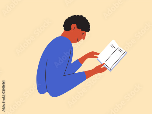 Young man reading holding book in hand. Male person books lover concept. Teen boy looks at page with interest reads extracurricular literature. Literacy day, school, education vector illustration