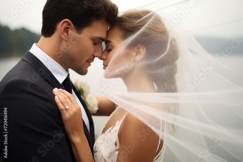 A man and a woman standing side by side under a veil, symbolizing unity and togetherness, wedding and forehead kiss with vail for love, compassion or affection together in nature, AI Generated