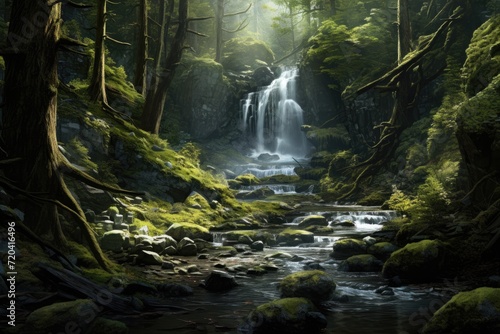 A peaceful stream meanders through a vibrant  abundant forest  creating a tranquil and picturesque scene  waterfall in the forest  AI Generated