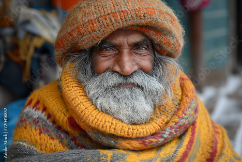 Portrait of an Elderly Man with a Knitted Hat and Scarf