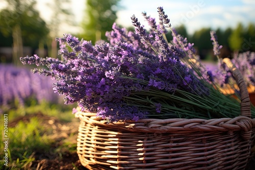 A wicker basket brimming with blooming lavender flowers, radiating natures soothing and aromatic charm, Wicker basket of freshly cut lavender flowers a field of lavender bushes, AI Generated