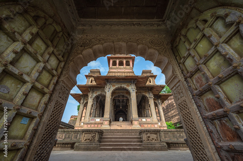 Maheshwar, Madhya Pradesh, India - August 25, 2023: Exterior shots of the scenic tourist landmark Maheshwar fort and temple. This monument is on the banks of the Narmada River.