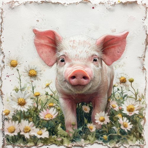 Whimsical Watercolor Piglet Learning to Root with Mother in Daisy Field Generative AI