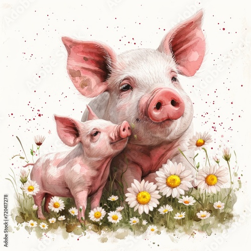 Whimsical Watercolor Piglet Learning to Snuffle from Mother in Daisy Field Generative AI