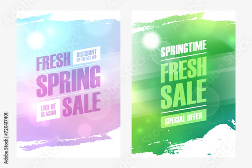 Spring Sale. Springtime season commercial backgrounds with spring sun, blurred colors and white brush strokes for business, seasonal shopping promotion and sale advertising. Vector illustration.
