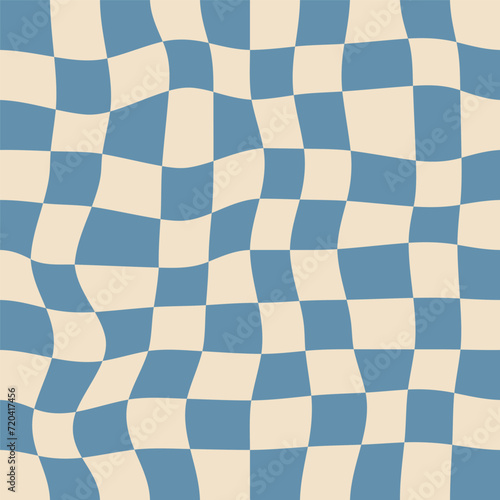 Groovy checkerboard seamless pattern. Blue distorted retro background 70s style.