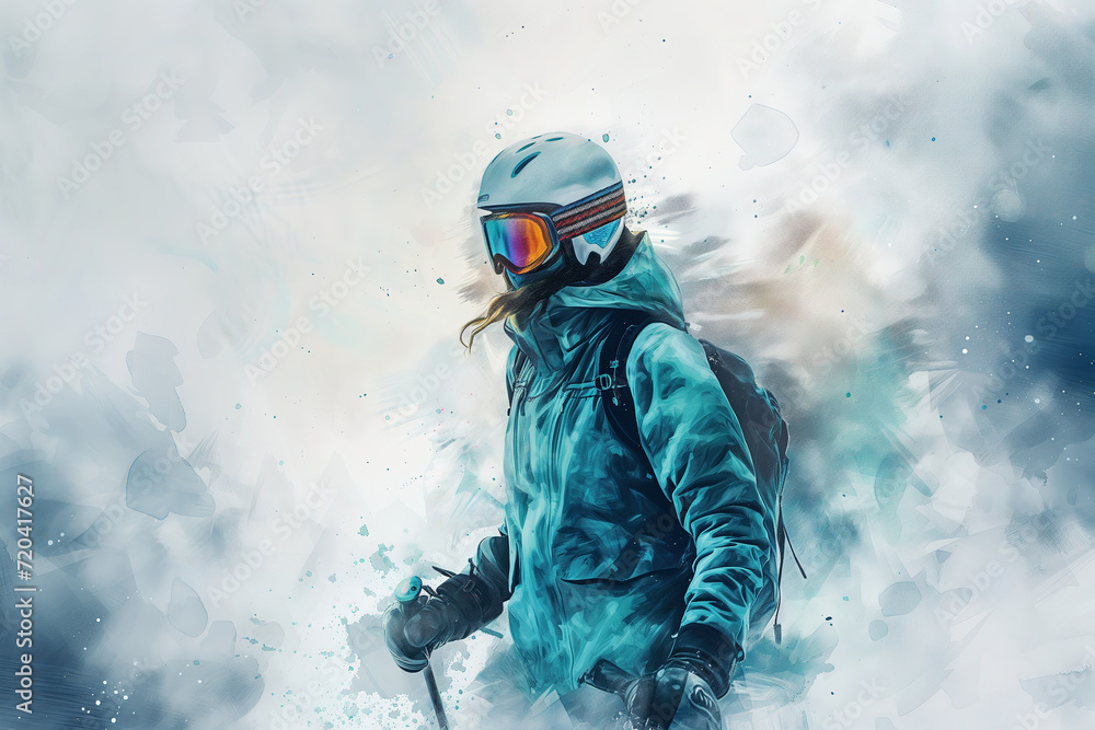 Skiing in the mountains, beautiful illustration in watercolor style, soft blue tones Skiing in the mountains, beautiful illustration in watercolor style, soft blue tones