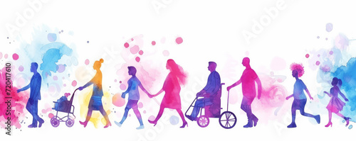 Colorful art watercolor painting depicts a diverse group of International Day of Disabled Persons, disability day, world on the wheelchair wheel, Autistic Awareness Day, healthcare concept © chiew
