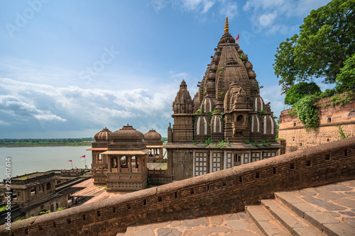 Maheshwar, Madhya Pradesh, India - August 25, 2023: Exterior shots of the scenic tourist landmark Maheshwar fort and temple. This monument is on the banks of the Narmada River.