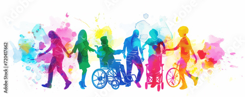 Colorful art watercolor painting depicts a diverse group of International Day of Disabled Persons, disability day, world on the wheelchair wheel, Autistic Awareness Day, healthcare concept #720417662