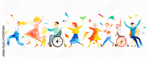 Colorful art watercolor painting depicts a diverse group of International Day of Disabled Persons, disability day, world on the wheelchair wheel, Autistic Awareness Day, healthcare concept photo
