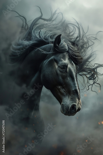 Gorgeous black horse galloping through the smoke, photorealistic dramatic portrait