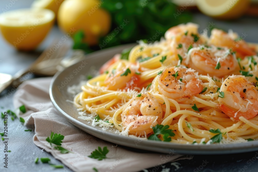 A spaghetti dish topped with shrimp. Generative Ai.