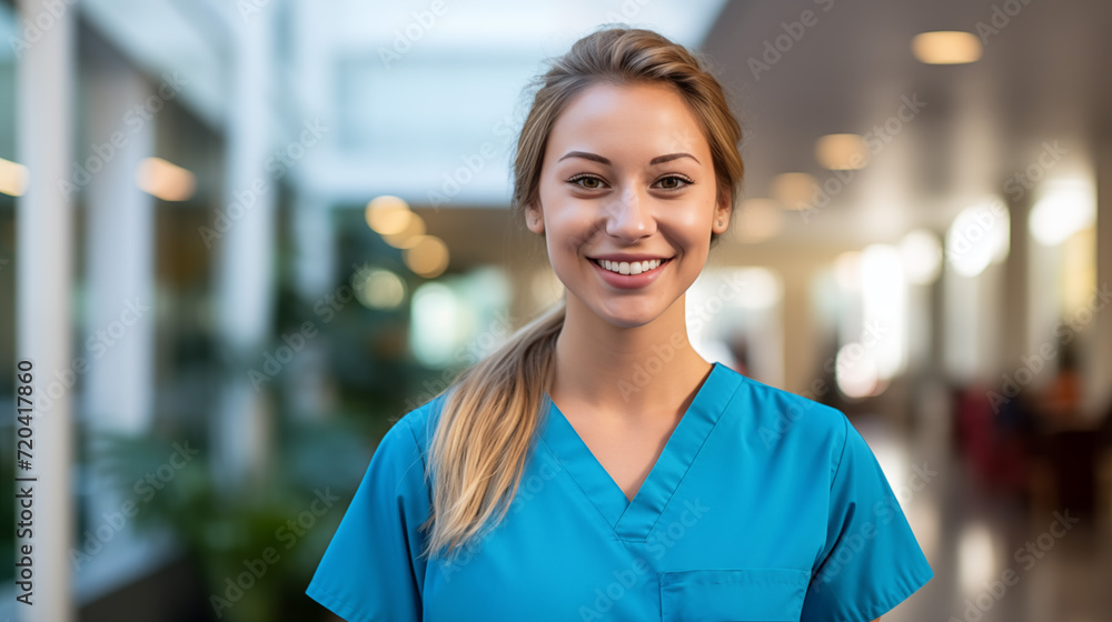 Nurse practitioner female with hospital background Nurse practitioner female with hospital background