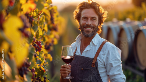 A middle-aged man winemaker holds a glass of red wine and smiles, against the backdrop of a vineyard and barrels of wine. Winery, spirits production, sommelier. photo