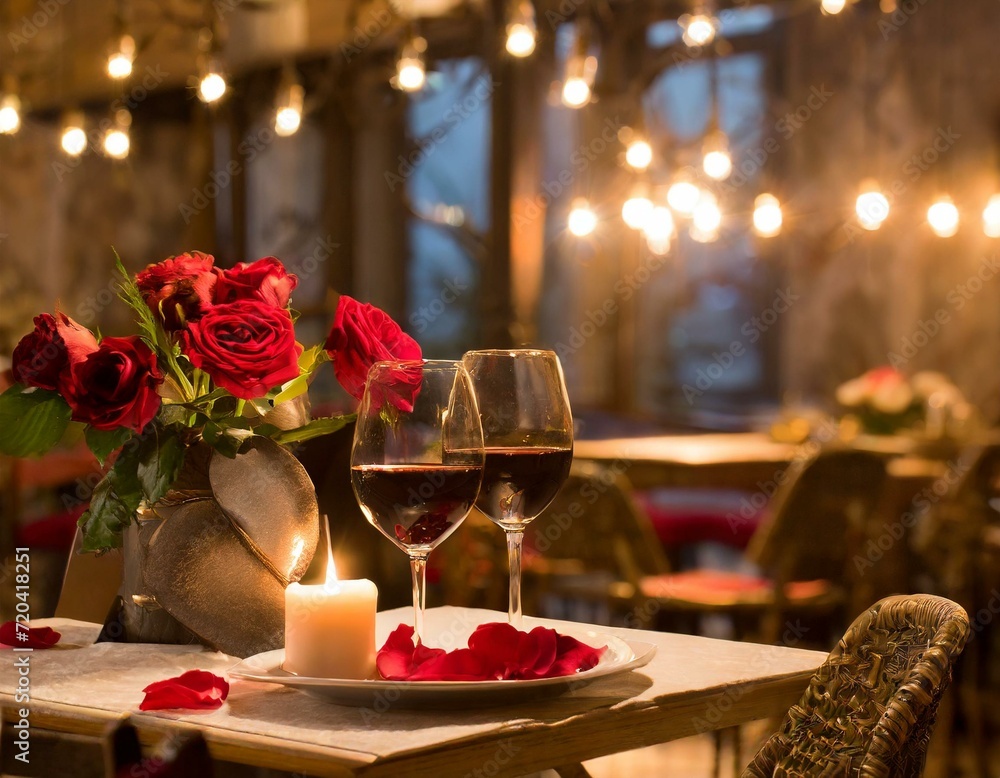 Two glasses of wine on table in romantic restaurant Two glasses of wine on table in romantic restaurant