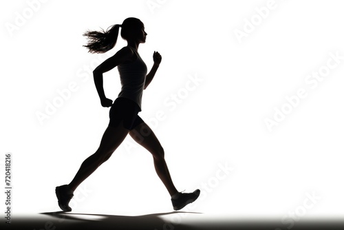 A dynamic silhouette of a woman running, captured against a clean white background, Woman runner in silhouette on white background, Dynamic movement, AI Generated