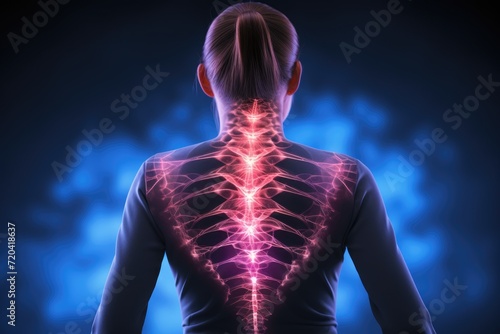 Gain insights into the causes and effects of neck pain as you explore the back of a womans neck, woman with back pain emphasizing spinal cord injury showing with hologram effect, AI Generated