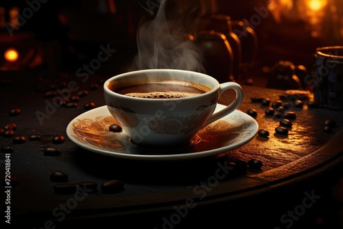 Black coffee in a luxurious cup with smoke and coffee beans on wooden table  AI generated