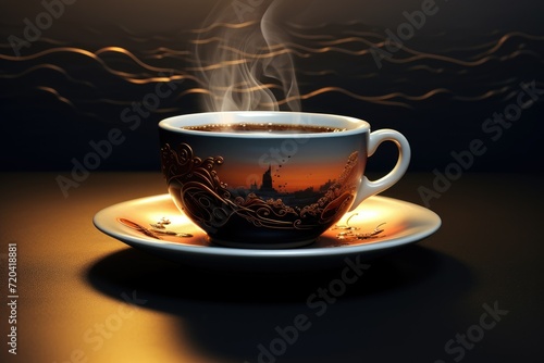 Black coffee in a luxurious cup with smoke and coffee beans on wooden table, AI generated
