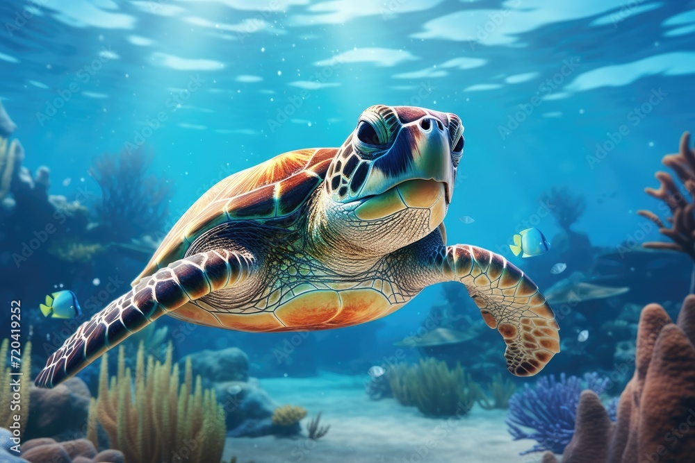 Fototapeta premium Green sea turtle swimming in the ocean. Underwater world. 3d rendering, Green sea turtle swimming in turquoise sea water, captured through an underwater photo, AI Generated