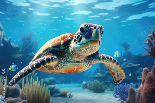 Green sea turtle swimming in the ocean. Underwater world. 3d rendering, Green sea turtle swimming in turquoise sea water, captured through an underwater photo, AI Generated © Ifti Digital