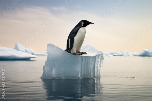 Gentoo penguin on ice floe at sunset in Antarctica  single penguin on a piece of ice  AI Generated