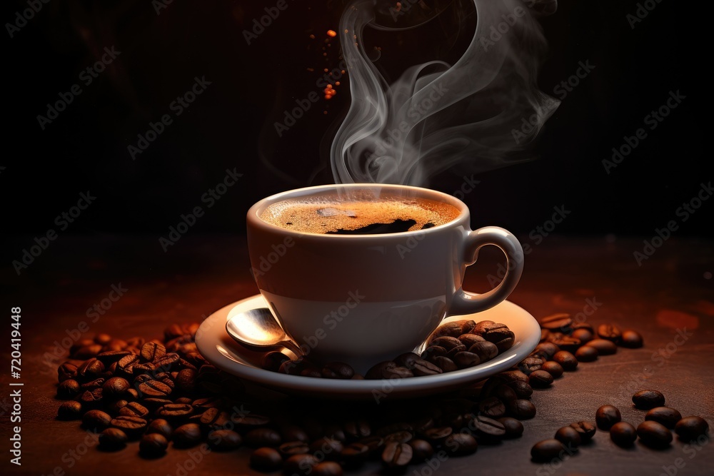 Black coffee in a luxurious cup with smoke and coffee beans on wooden table, AI generated Black coffee in a luxurious cup with smoke and coffee beans on wooden table, AI generated