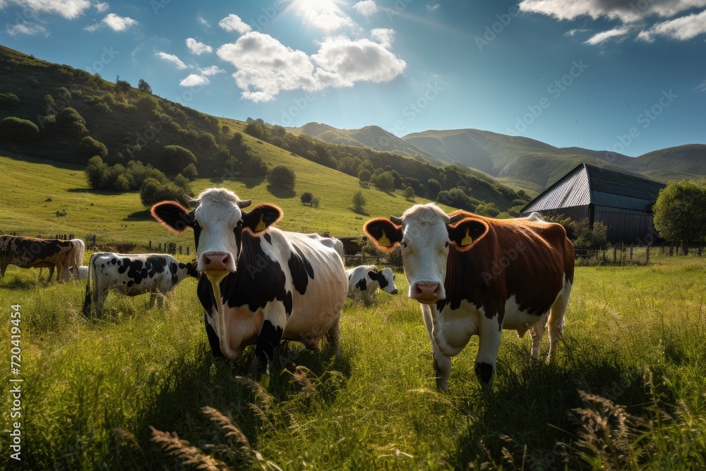 Cows on a green meadow in the Carpathian mountains, sustainable and herd of cattle on a farm in the countryside for eco friendly environment, AI Generated