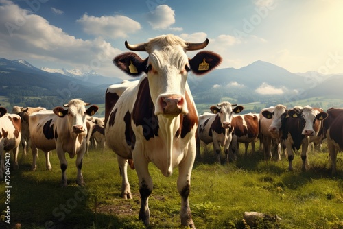 Herd of cows on the meadow in mountains. Nature background, sustainable and herd of cattle on a farm in the countryside for eco friendly environment, AI Generated
