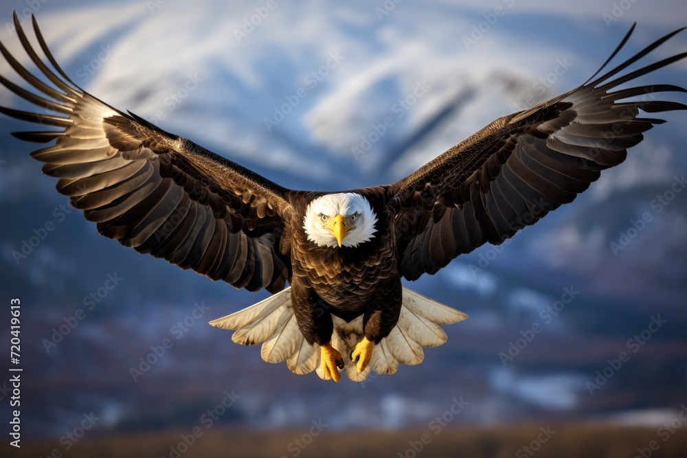 A powerful bald eagle soars gracefully through the air, framed by majestic mountains, The bald eagle while flying in the sky, AI Generated A powerful bald eagle soars gracefully through the air, framed by majestic mountains, The bald eagle while flying in the sky, AI Generated