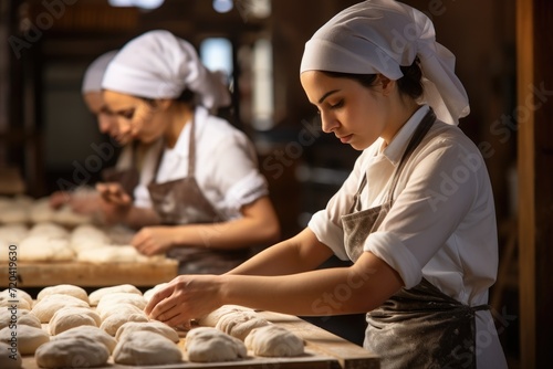 Two women work side by side in a kitchen, focused and busy, as they collaborate on preparing a meal, Women in bakery preparing dough, AI Generated