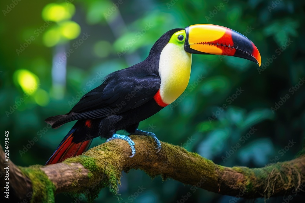Obraz premium A vibrant toucan gracefully sits on a branch amid the lush backdrop of a vibrant forest, Tropical birds sitting on a tree branch in the rainforest, AI Generated