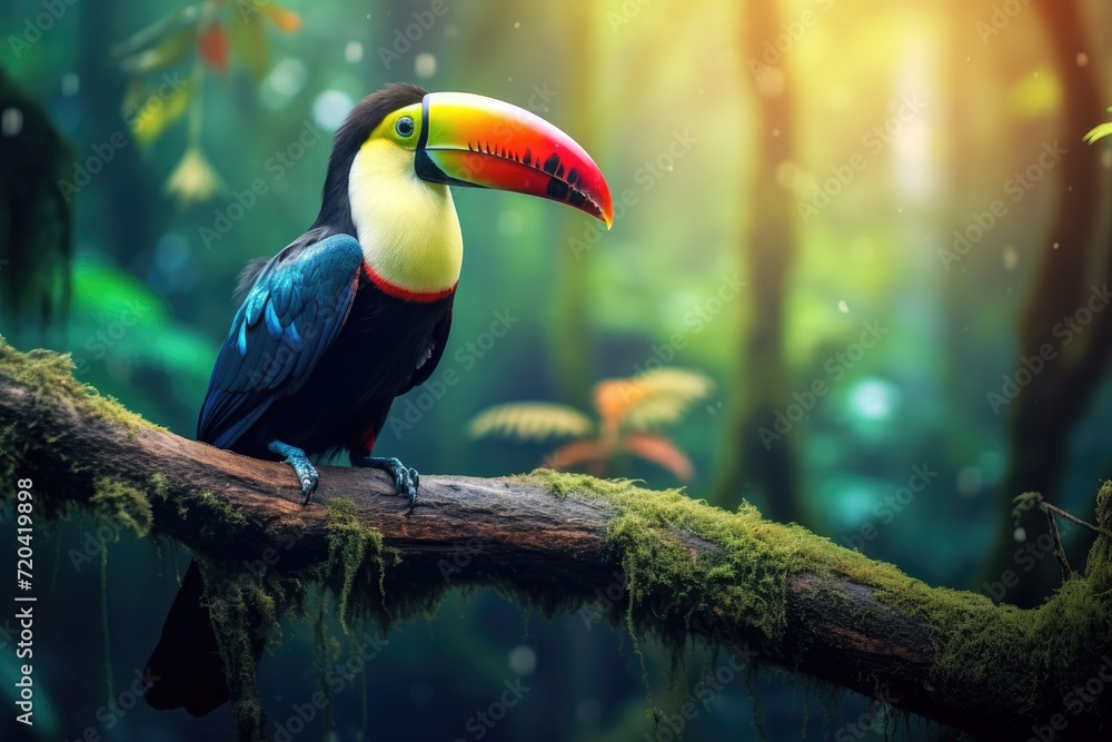 Naklejka premium A colorful toucan perches peacefully on a branch amidst the lush greenery of a vibrant forest, Tropical birds sitting on a tree branch in the rainforest, AI Generated